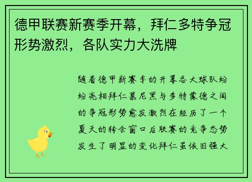 德甲联赛新赛季开幕，拜仁多特争冠形势激烈，各队实力大洗牌